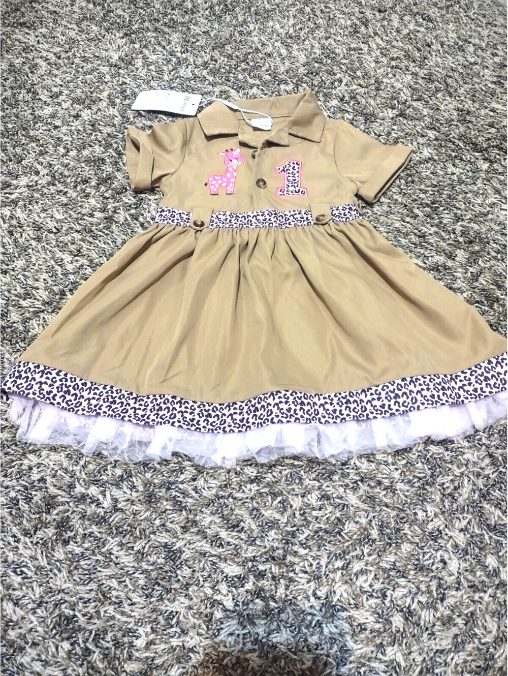 Baby Girls Safari Khaki 1st Birthday Giraffe Leopard Dress Size 9-12 Months